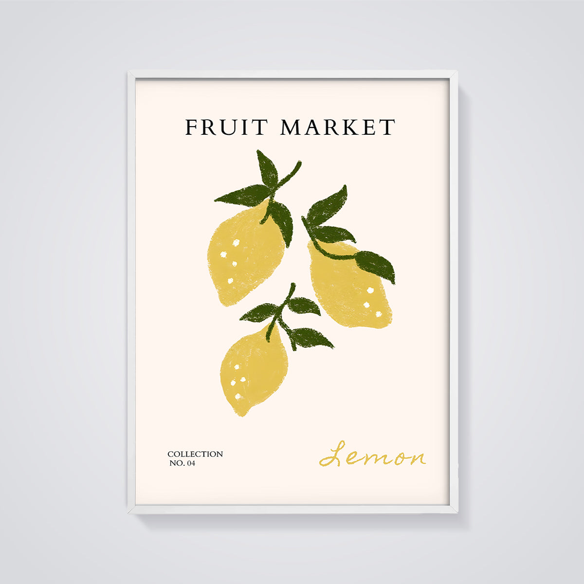 Fruit Market Lemon Print framed in white on a grey background