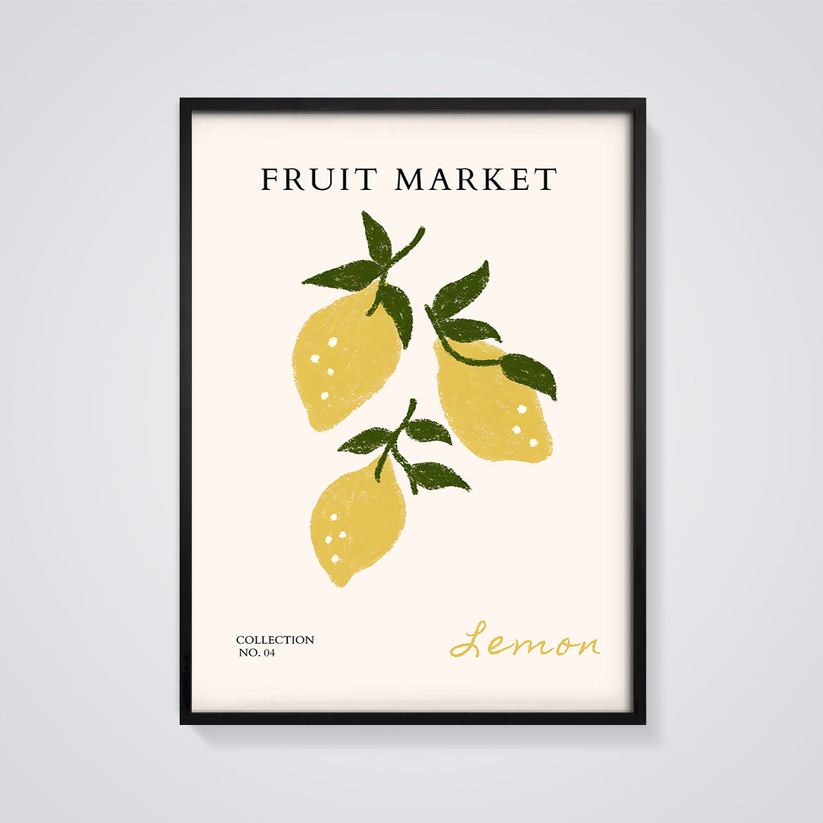 Fruit Market Lemon Print framed in black on a grey background
