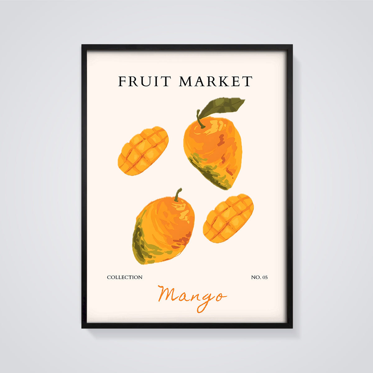 Fruit Market Mango Print framed in black on a grey background