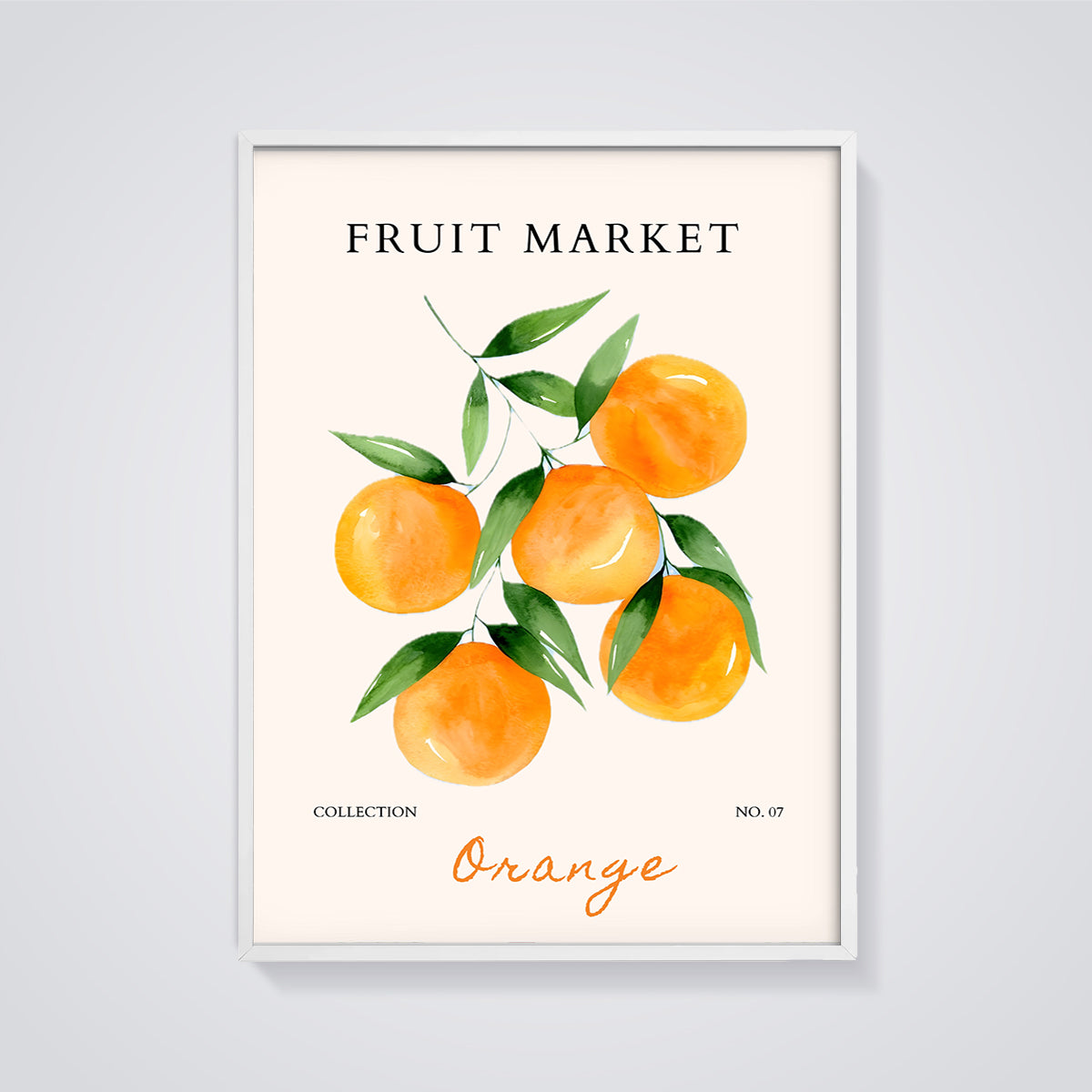 Fruit Market Orange Watercolor Print framed in white on a grey background