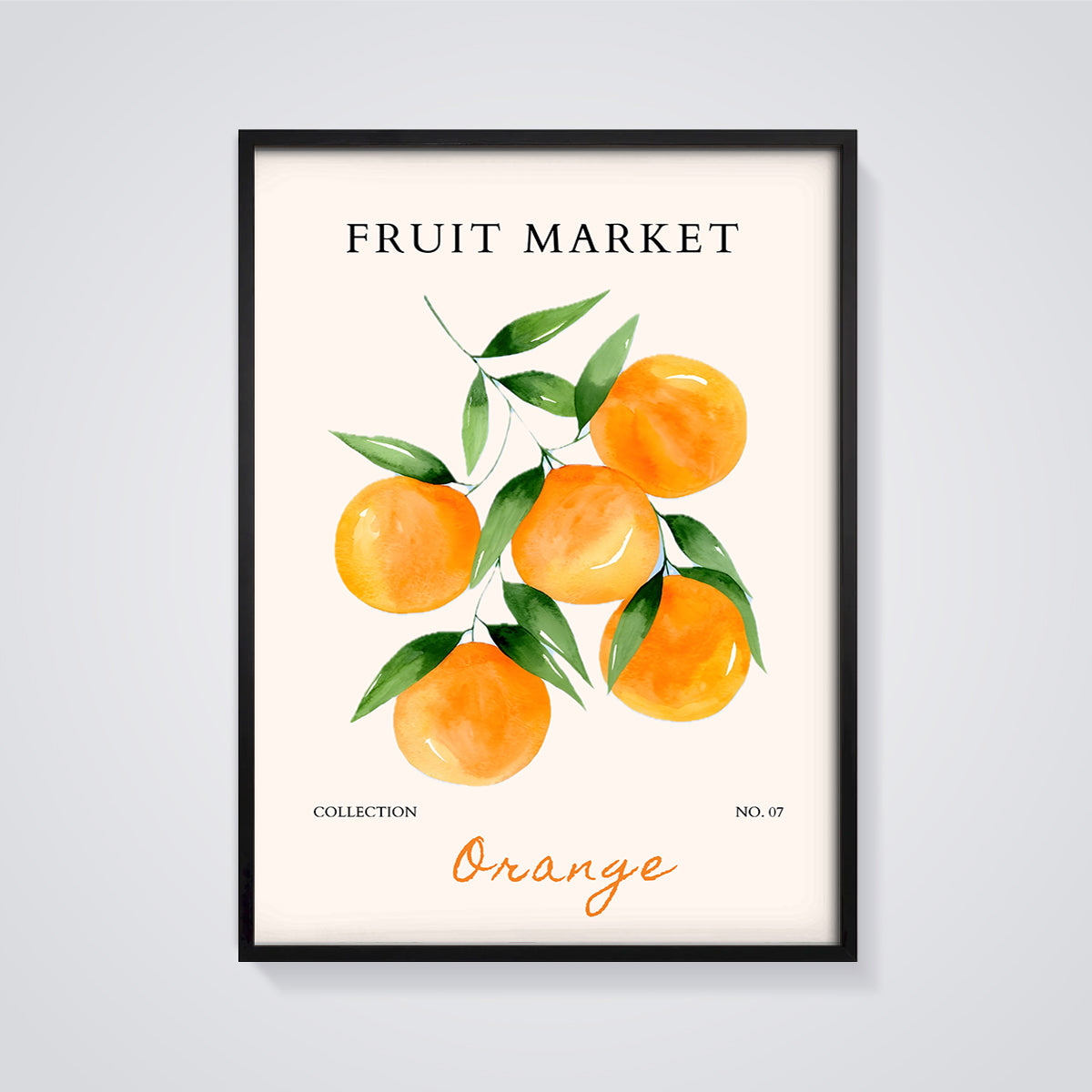 Fruit Market Orange Watercolor Print framed in black on a grey background