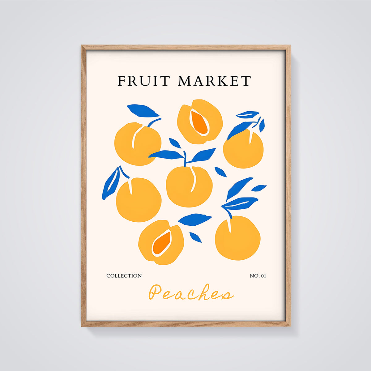 Fruit Market Peaches Print framed in oak on a grey background