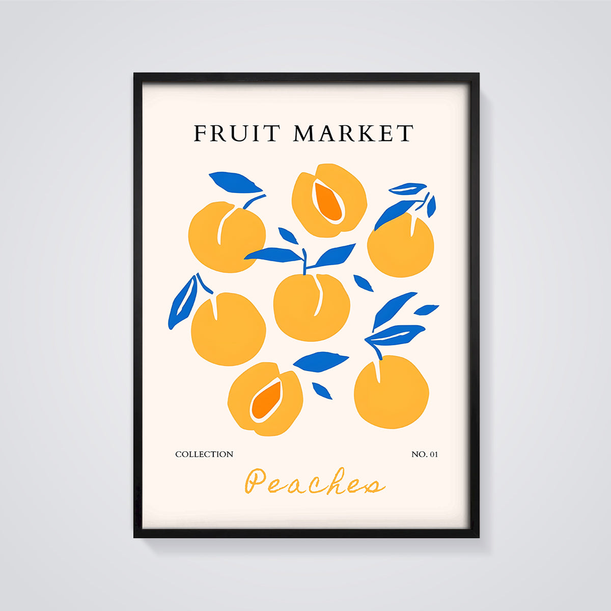 Fruit Market Peaches Print framed in black on a grey background