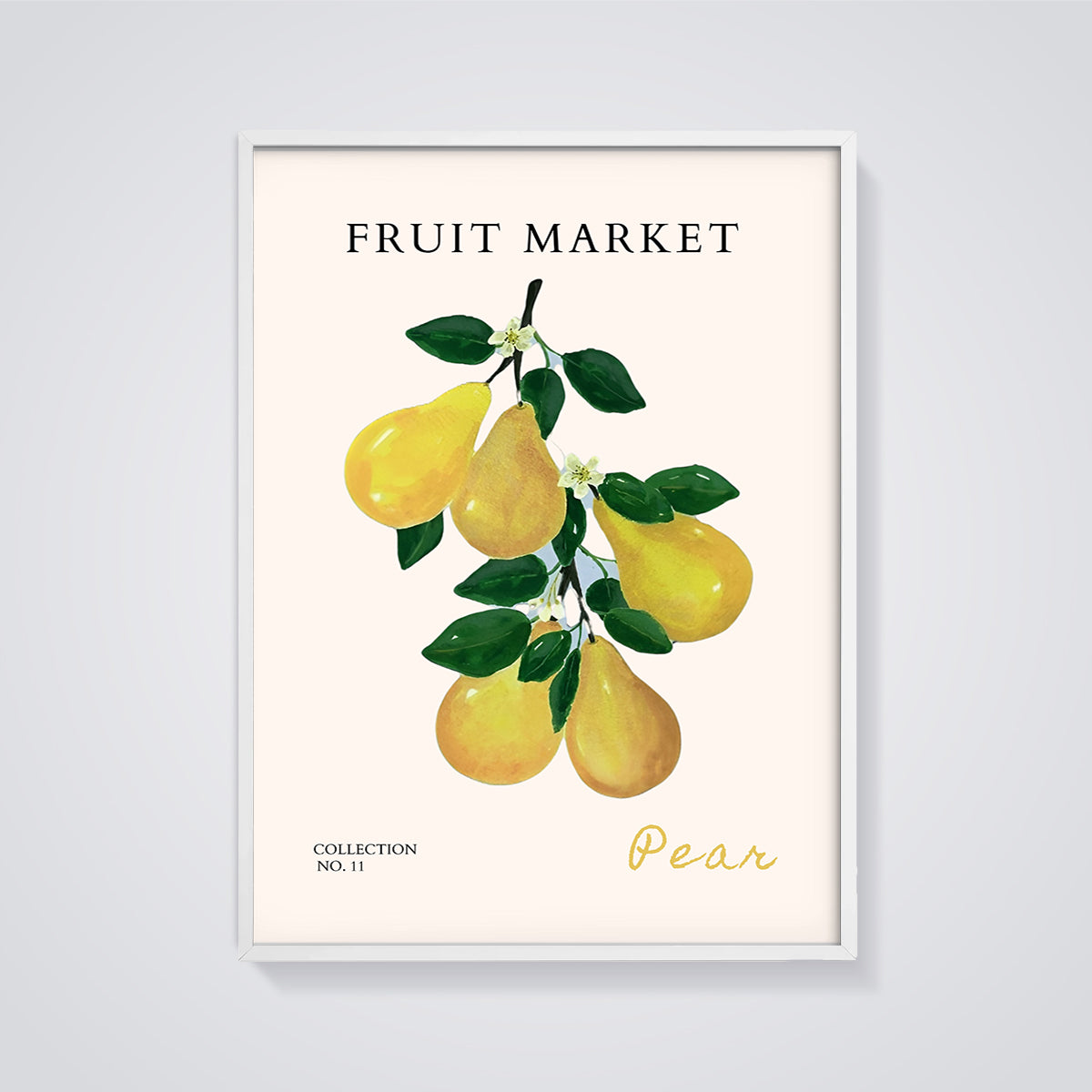 Fruit Market Pear Print framed in white on a grey background