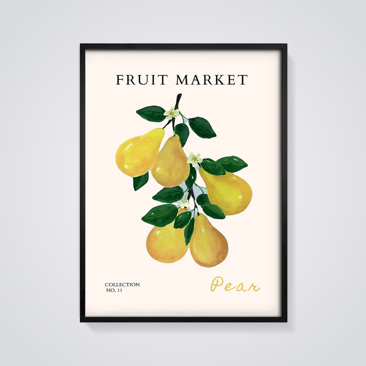 Fruit Market Pear Print framed in black on a grey background