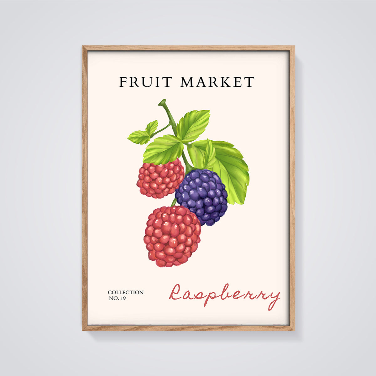 Fruit Market Raspberry Berries Print framed in oak on a grey background