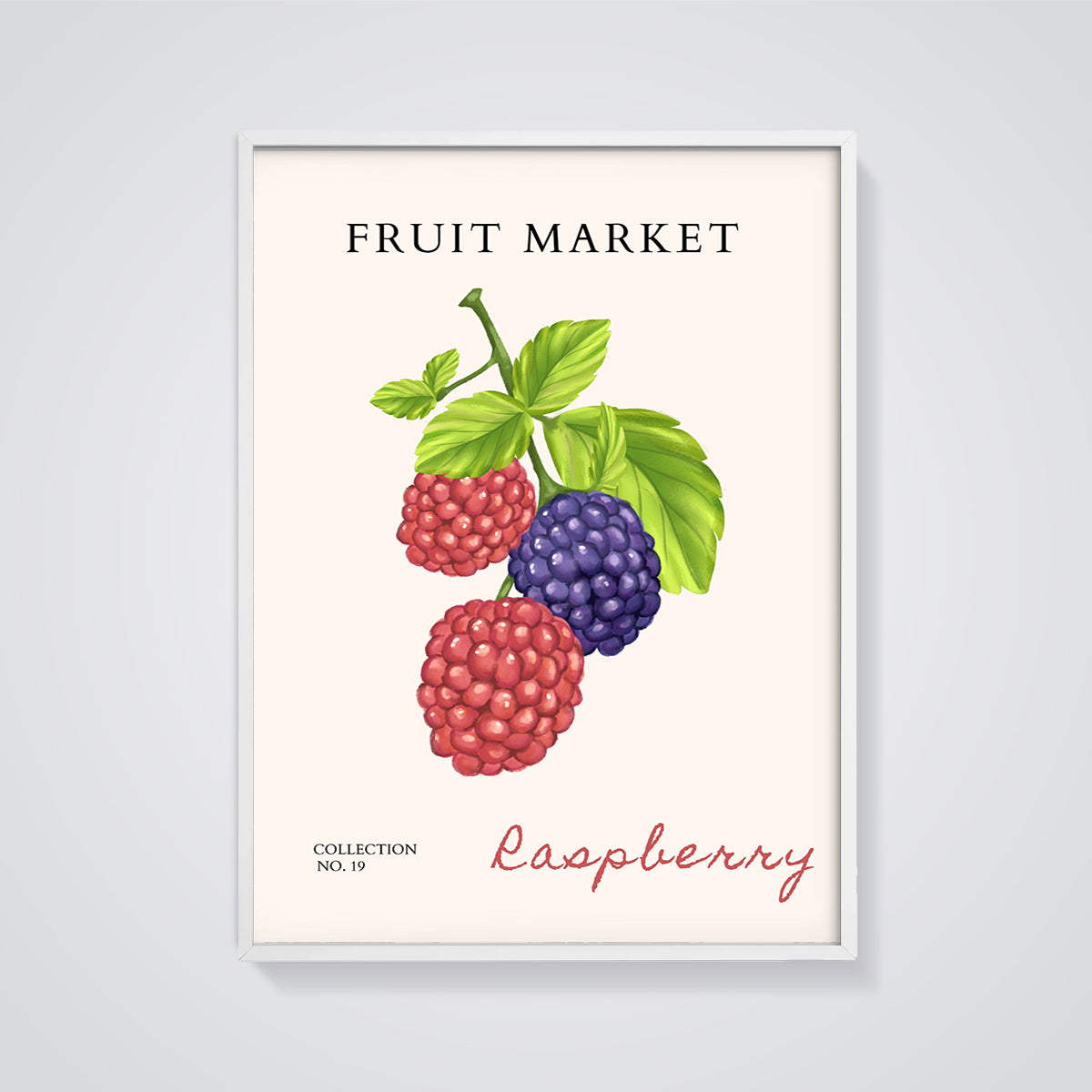 Fruit Market Raspberry Berries Print framed in white on a grey background