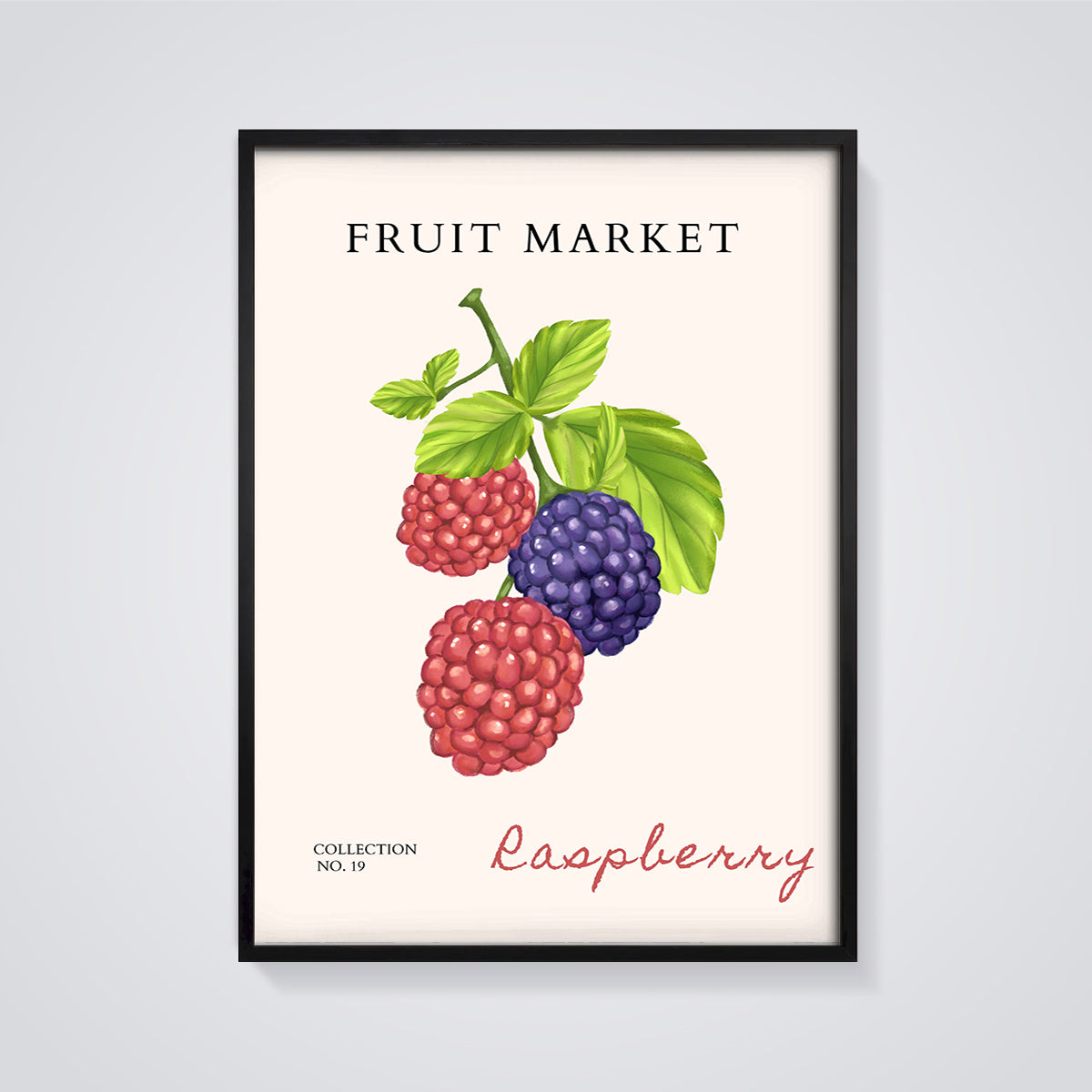 Fruit Market Raspberry Berries Print framed in black on a grey background