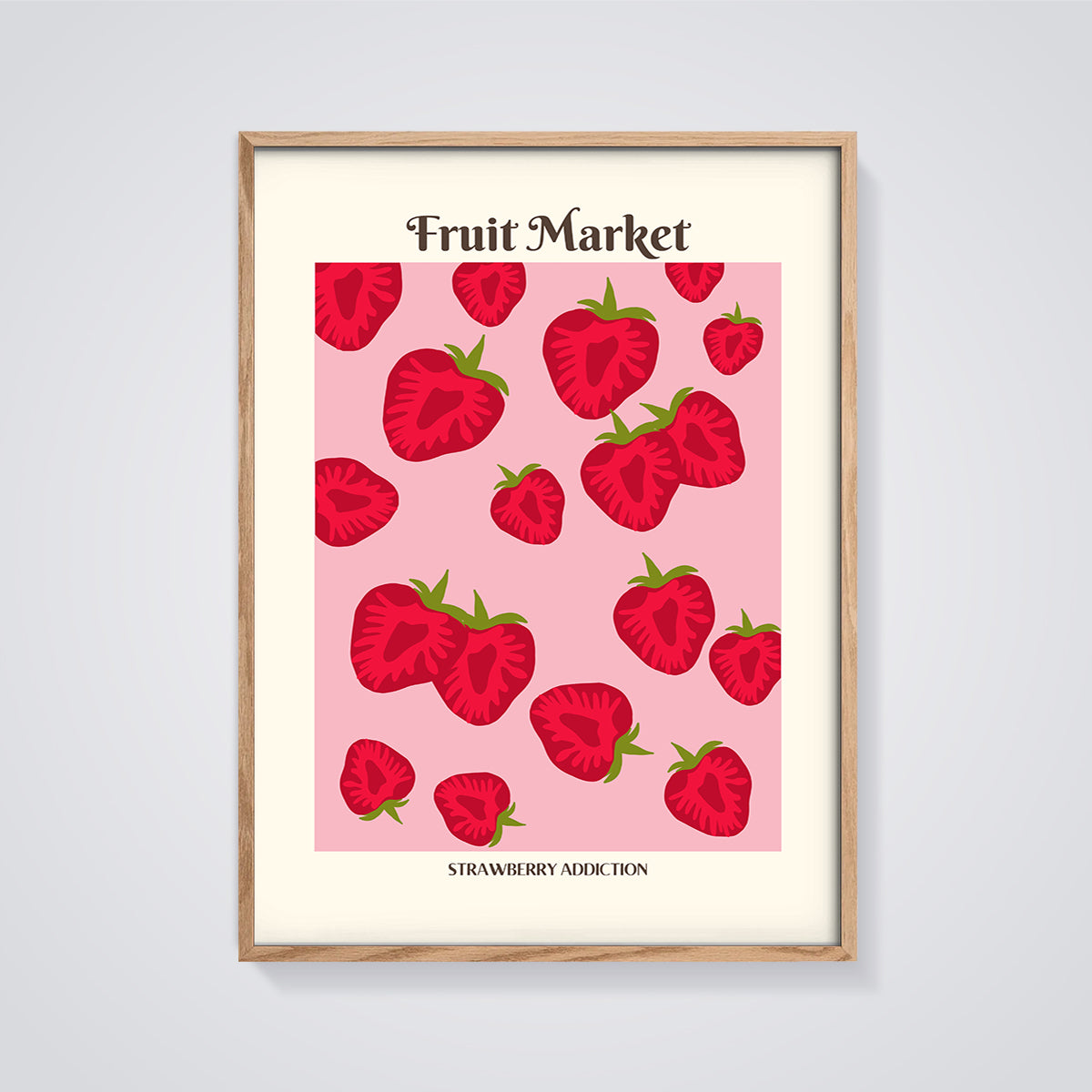Fruit Market Strawberry Print framed in oak on a grey background