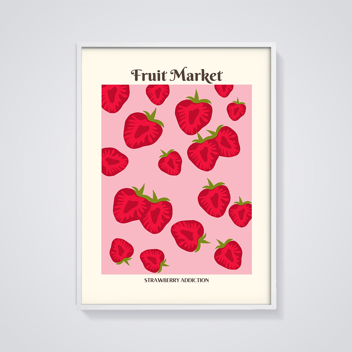 Fruit Market Strawberry Print framed in white on a grey background