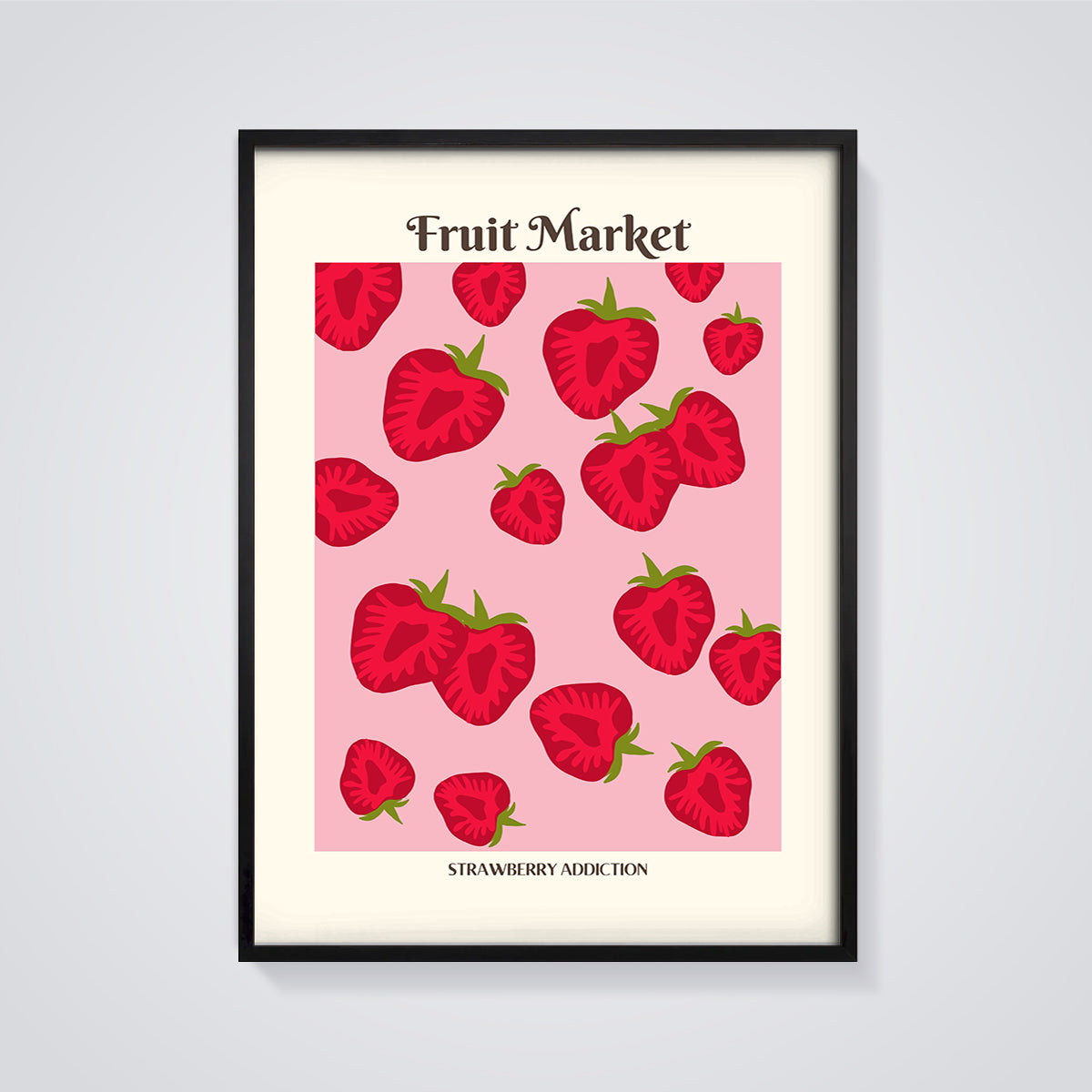 Fruit Market Strawberry Print framed in black on a grey background