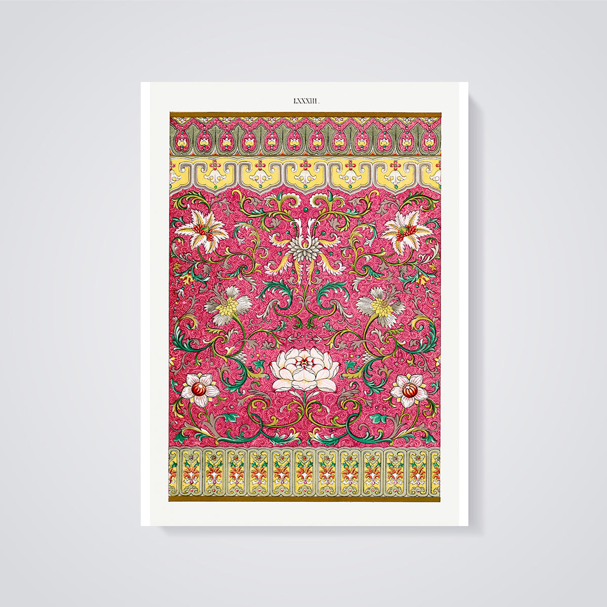 Fuchsia Ornate Floral Print unframed on a grey background