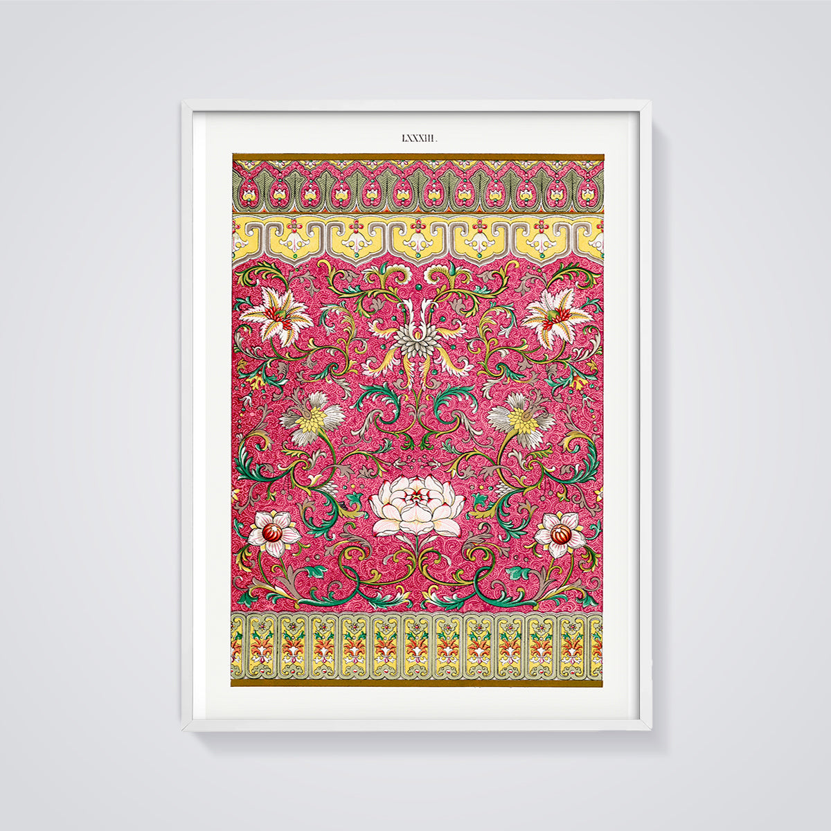 Fuchsia Ornate Floral Print framed in white on a grey background