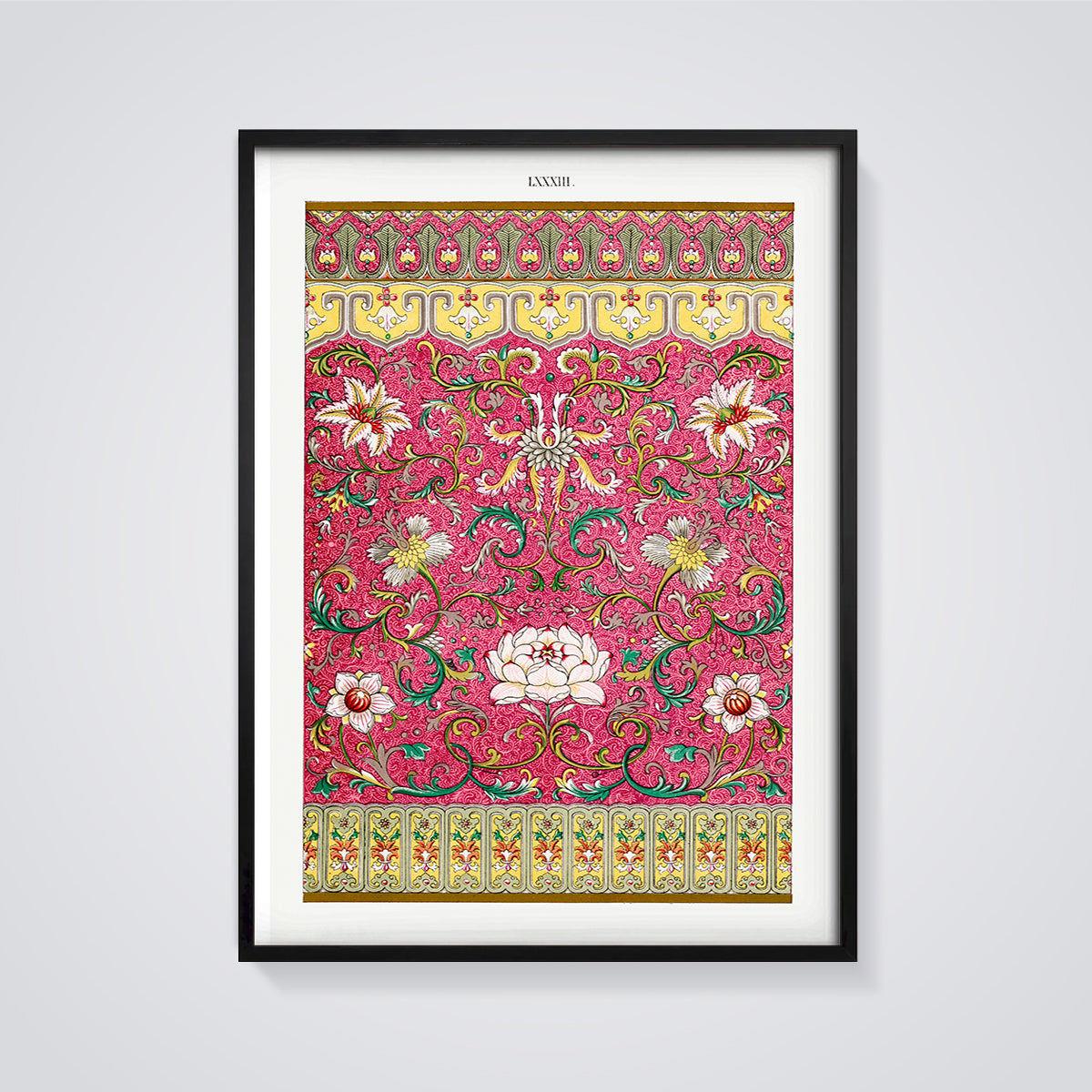 Fuchsia Ornate Floral Print framed in black on a grey background