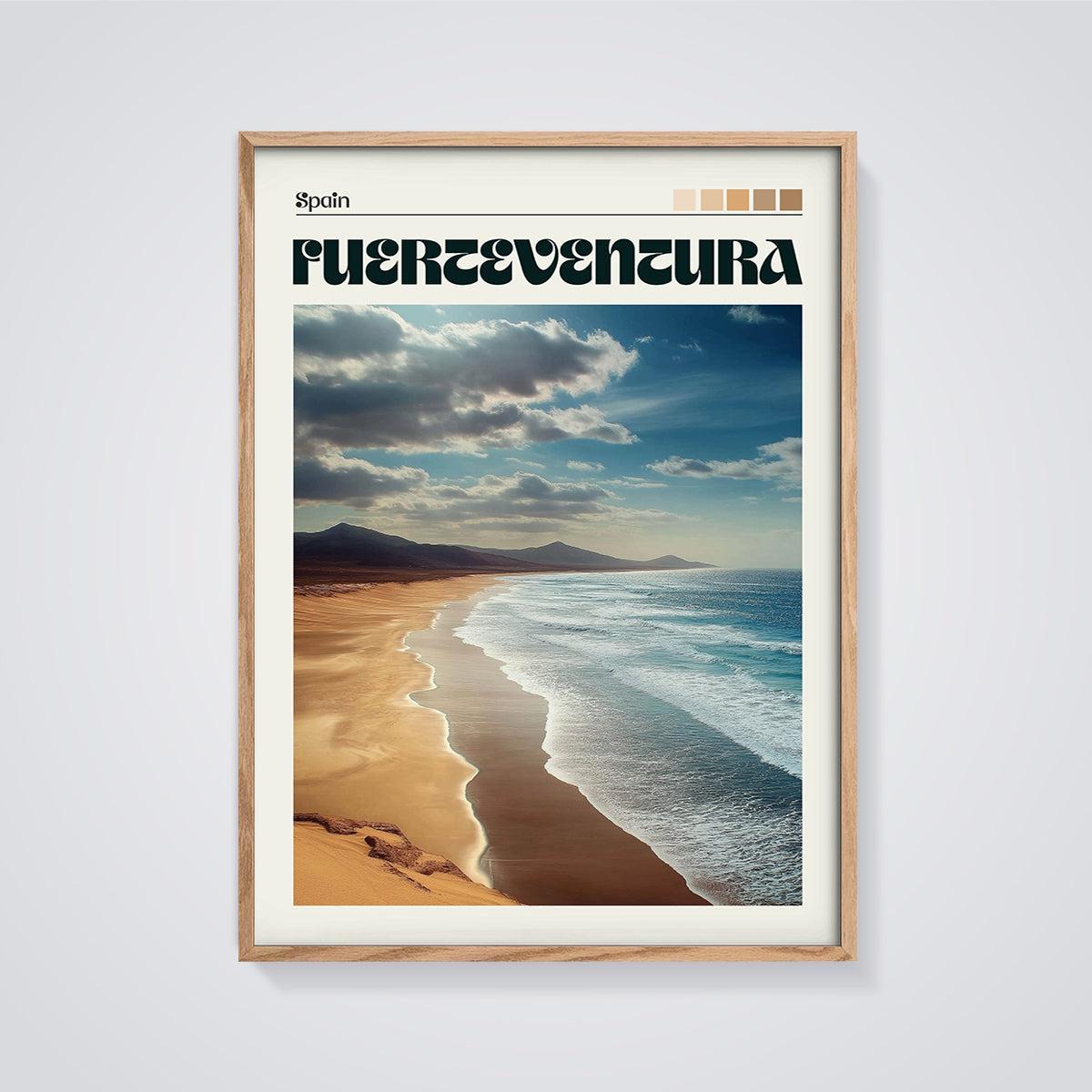 Fuerteventura Beach Print framed in oak on a grey background