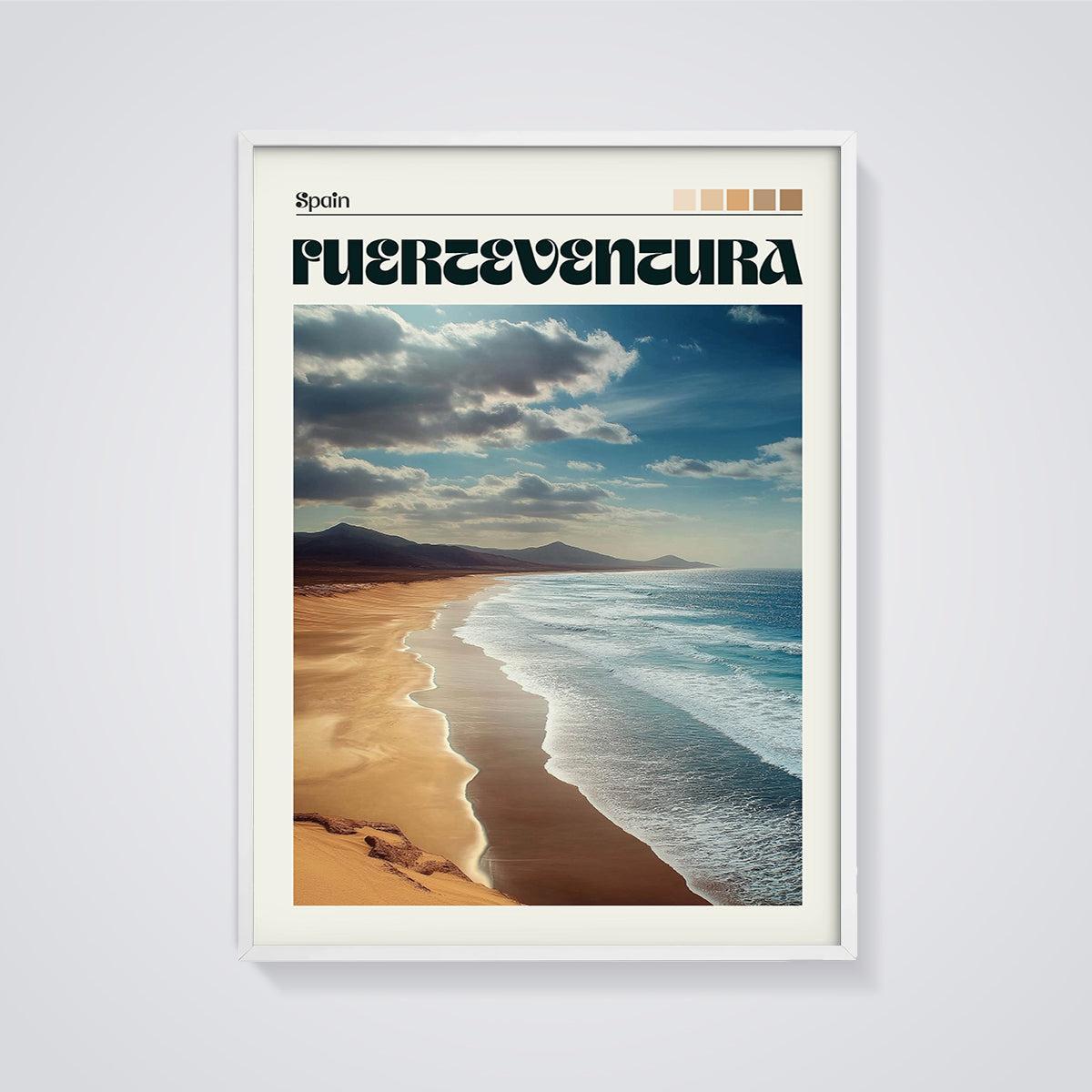 Fuerteventura Beach Print framed in white on a grey background