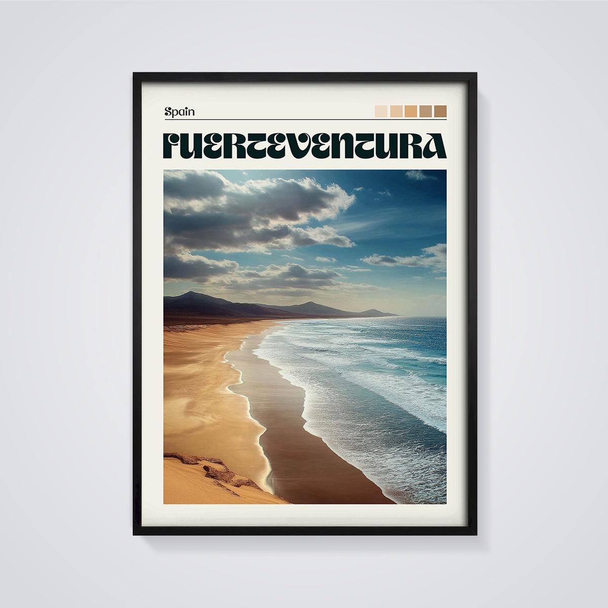Fuerteventura Beach Print framed in black on a grey background