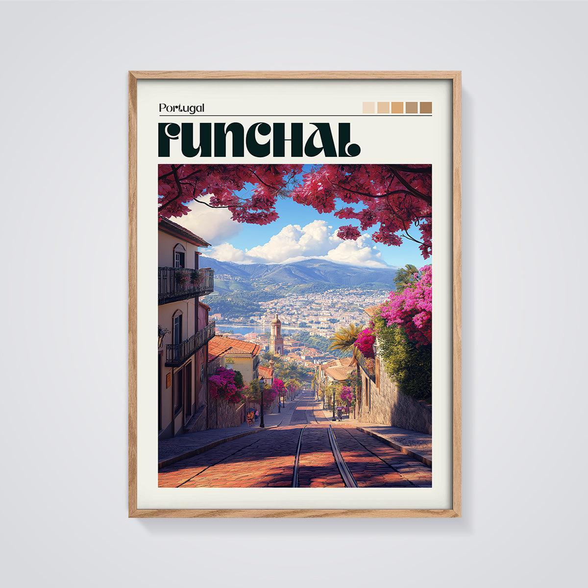 Funchal City View Print framed in oak on a grey background