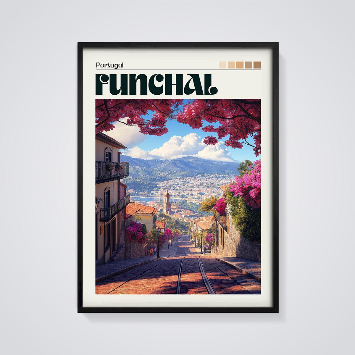 Funchal City View Print framed in black on a grey background