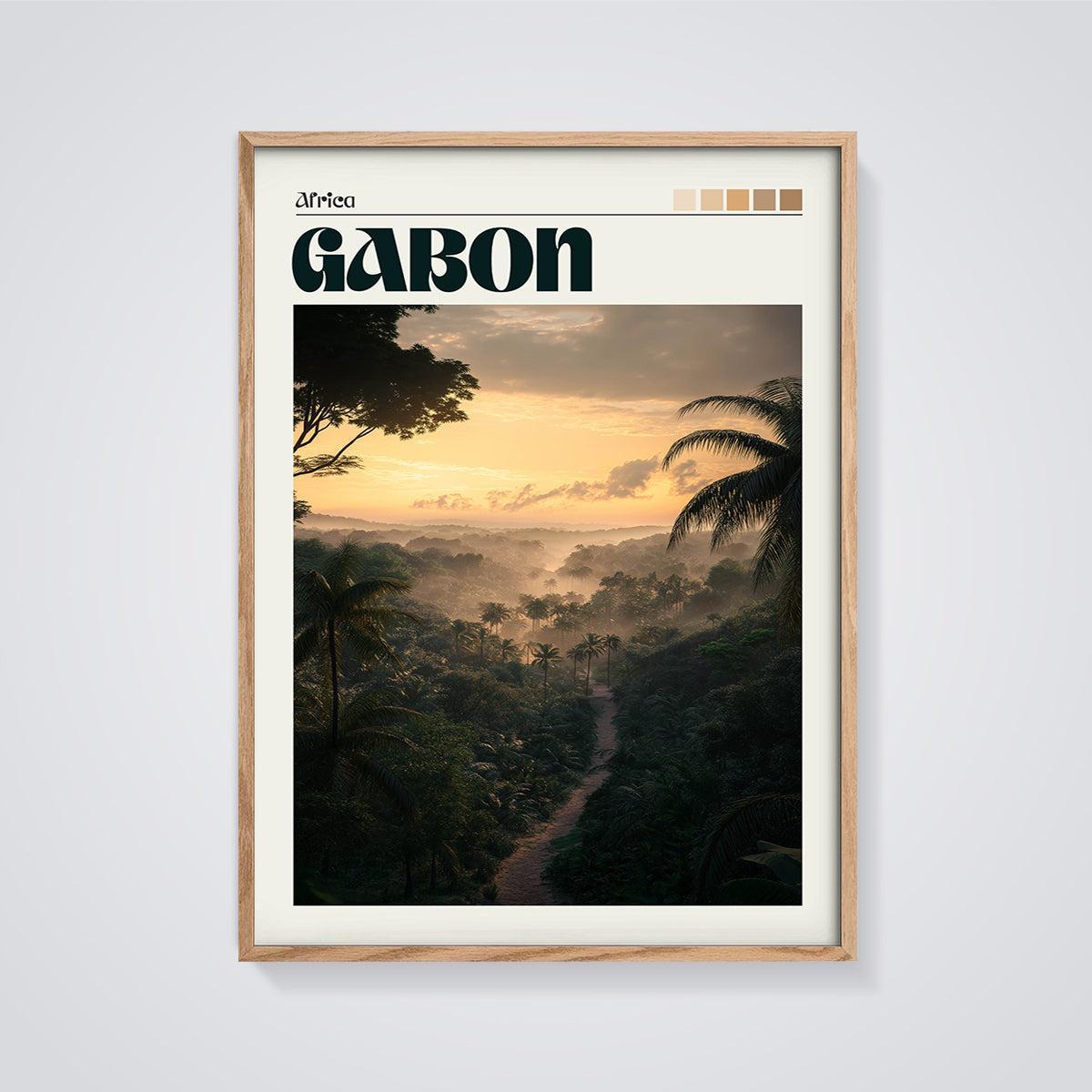 Gabon Misty Sunrise Jungle Print framed in oak on a grey background