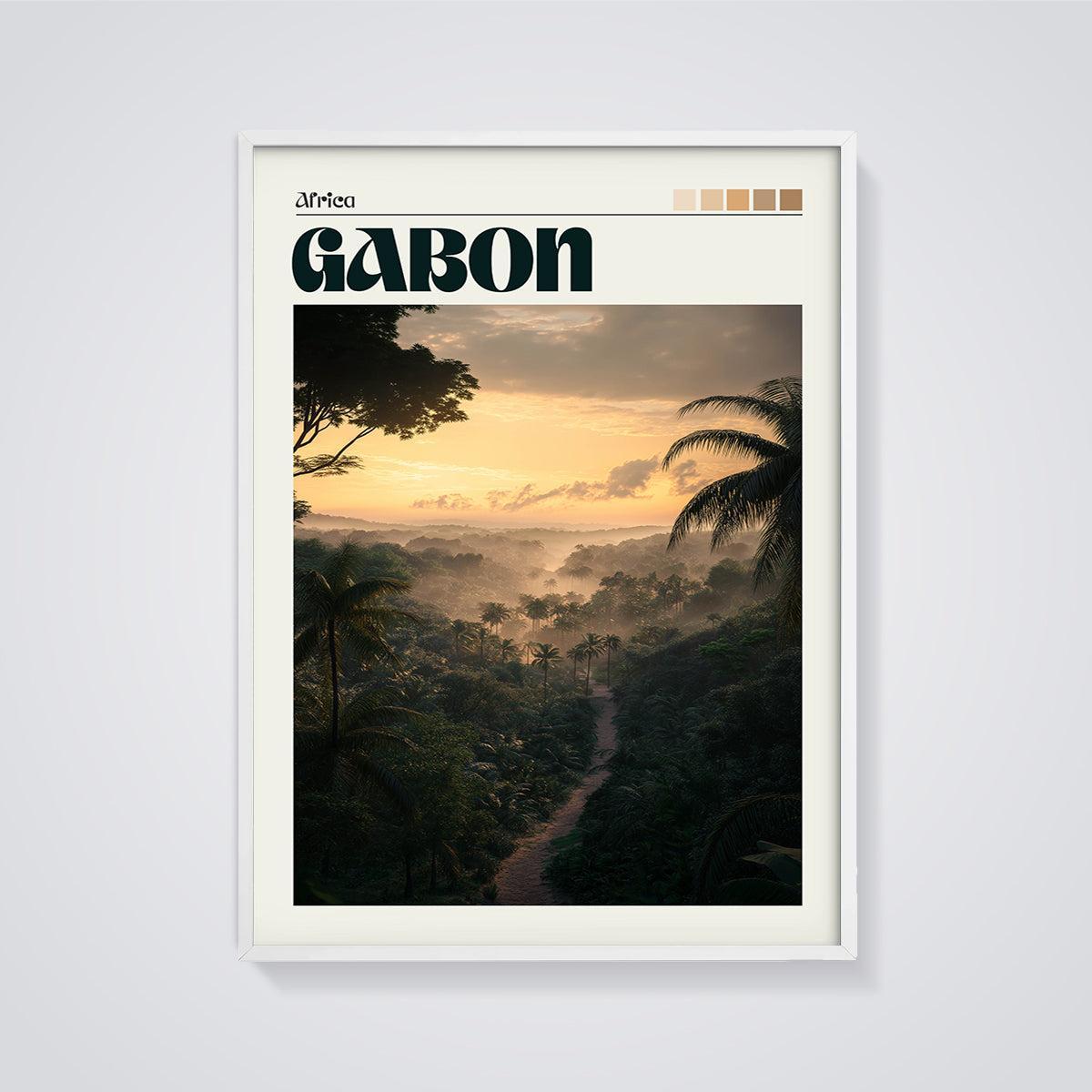 Gabon Misty Sunrise Jungle Print framed in white on a grey background