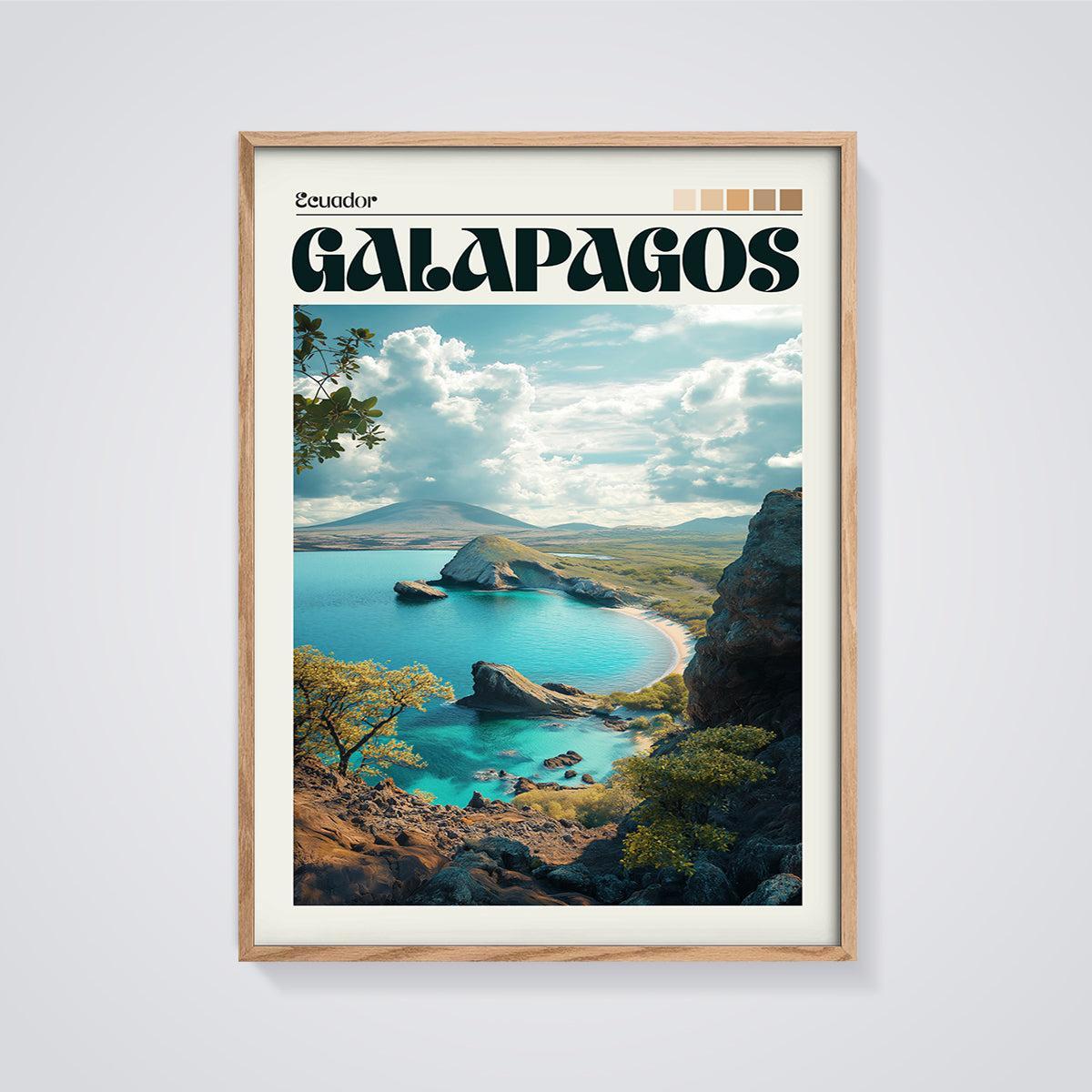 Galapagos Bay View Print framed in oak on a grey background