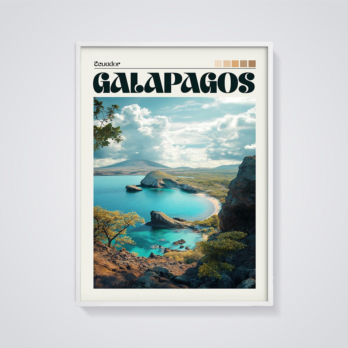 Galapagos Bay View Print framed in white on a grey background