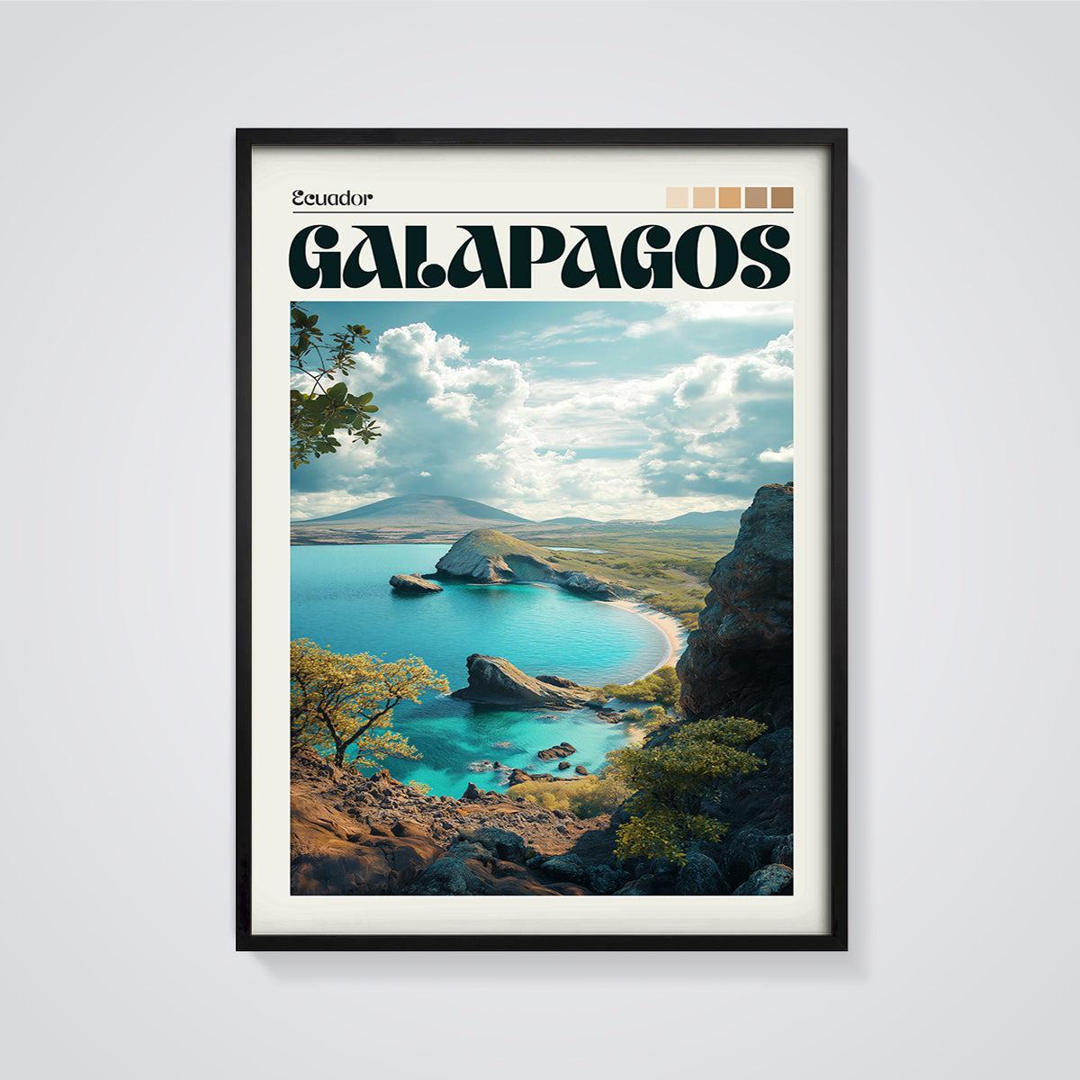 Galapagos Bay View Print framed in black on a grey background