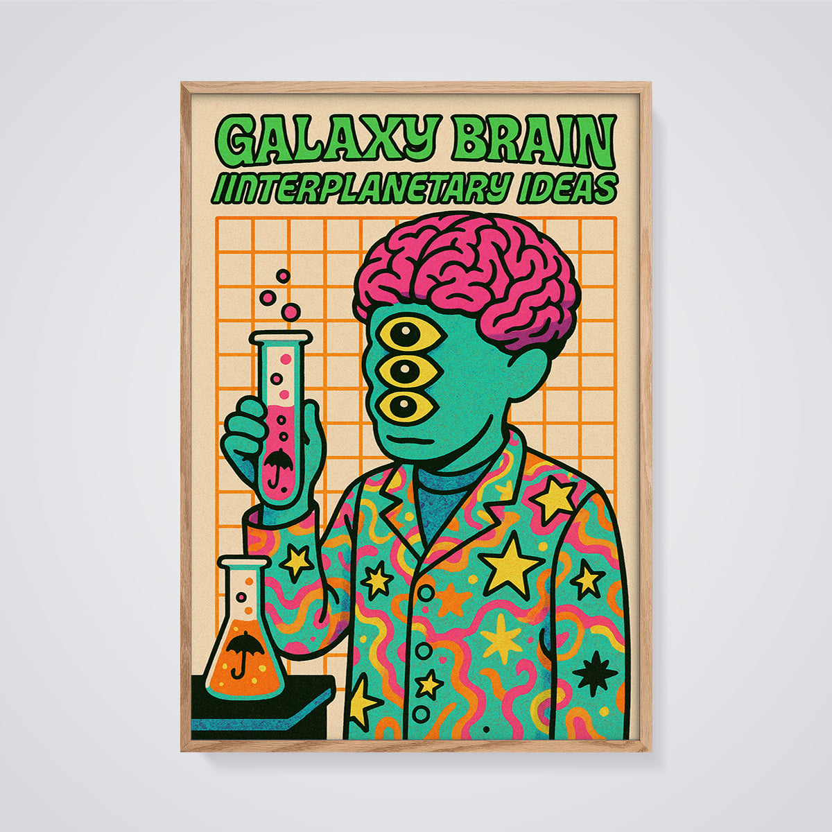 Galaxy Brain Interplanetary Ideas Print framed in oak on a grey background