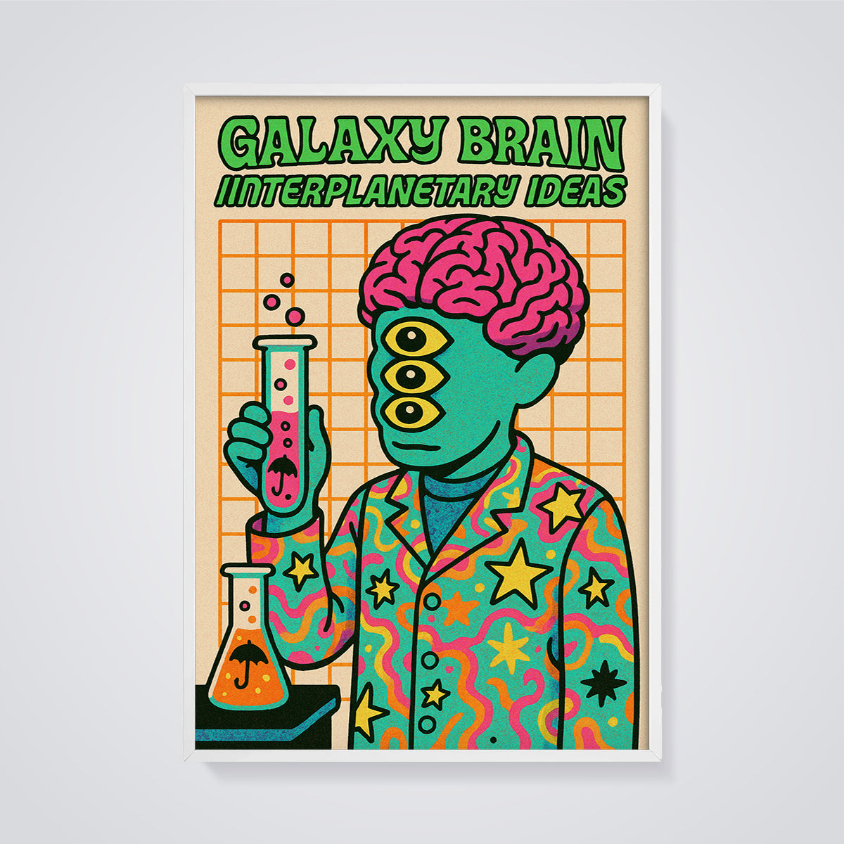Galaxy Brain Interplanetary Ideas Print framed in white on a grey background