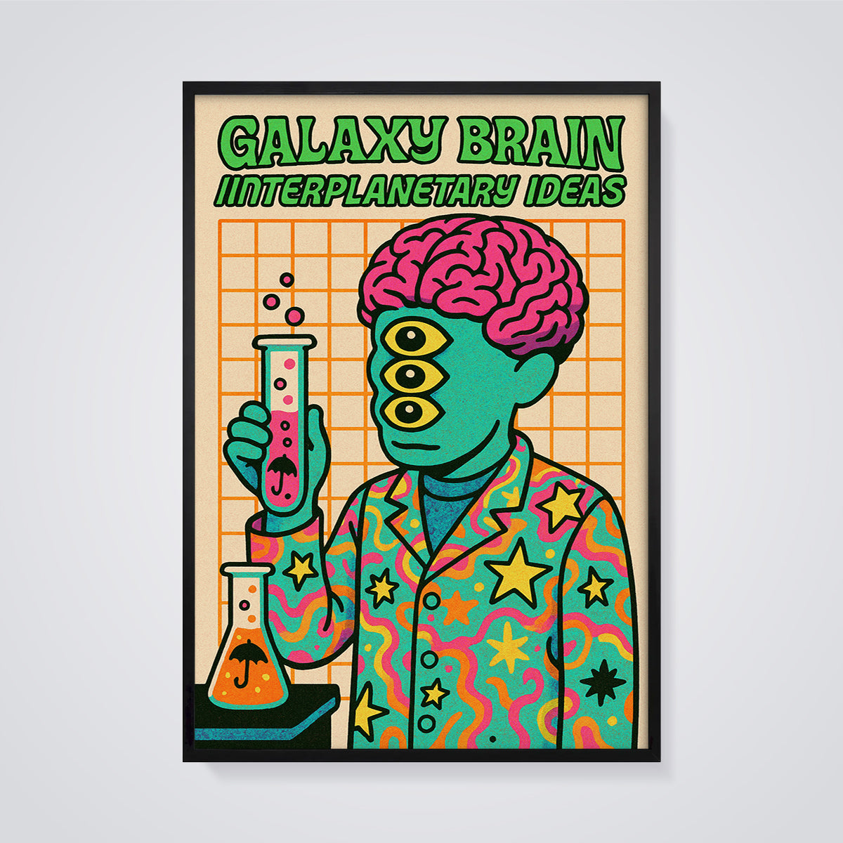 Galaxy Brain Interplanetary Ideas Print framed in black on a grey background