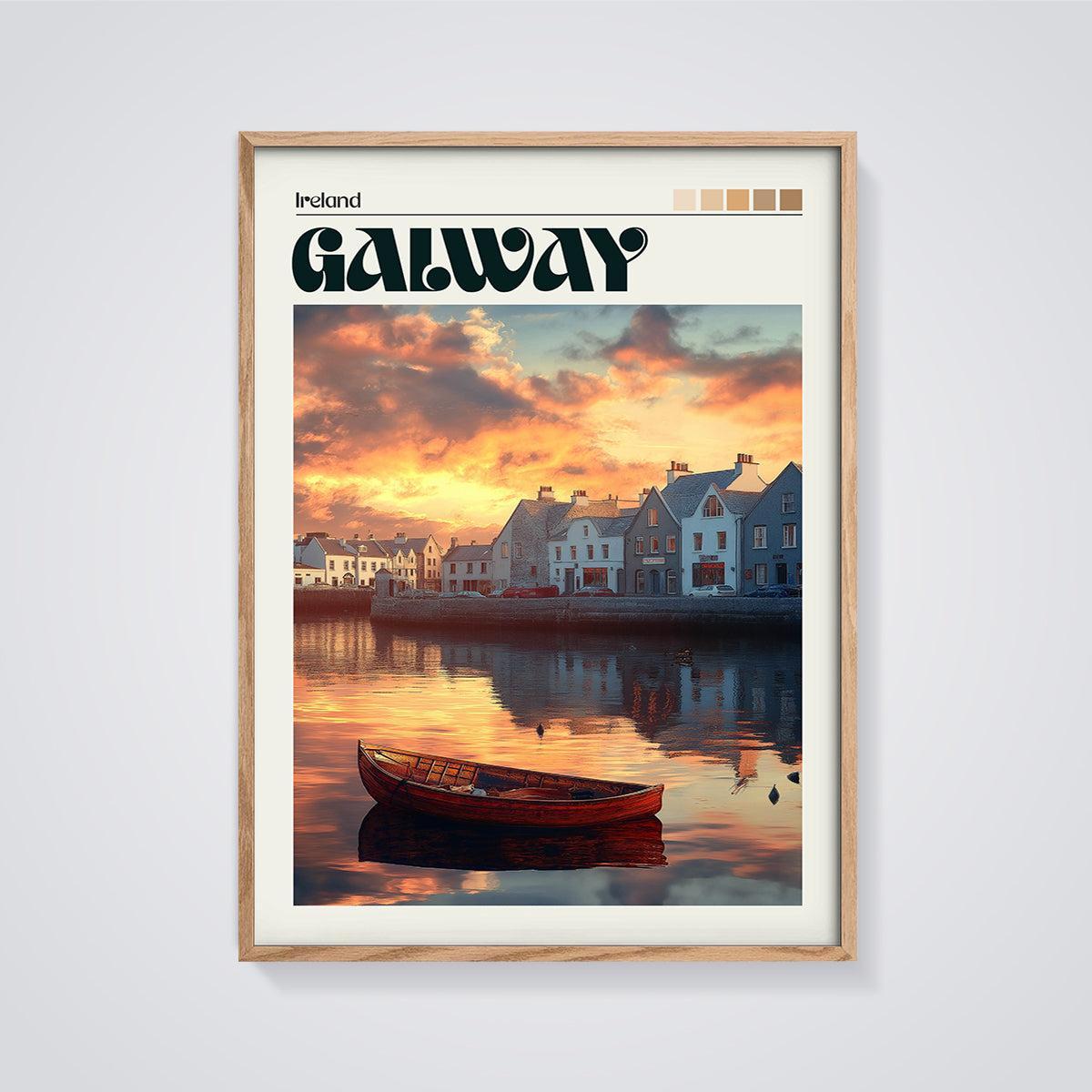 Galway Ireland Sunset Harbor Print framed in oak on a grey background