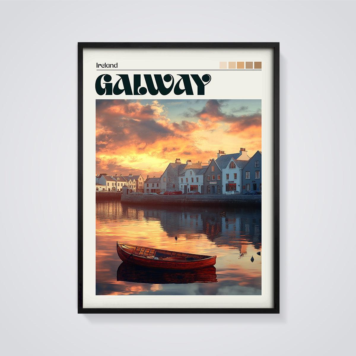 Galway Ireland Sunset Harbor Print framed in black on a grey background