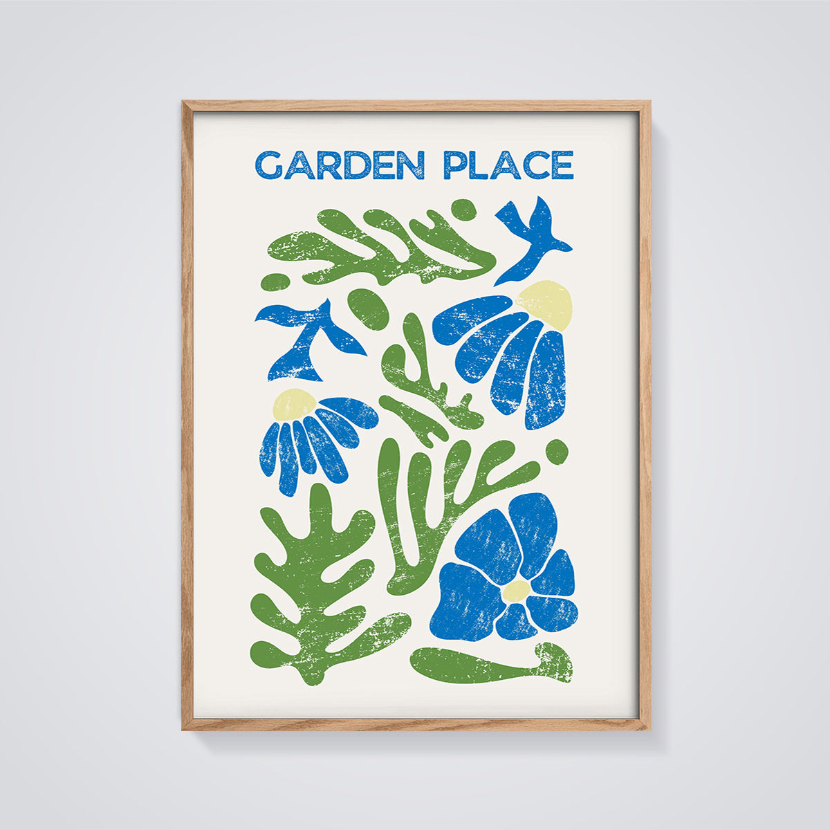 Garden Place Abstract Floral Matisse Inspired Print framed in oak on a grey background