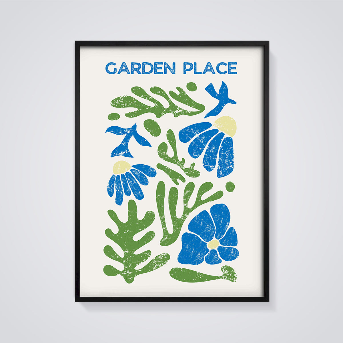 Garden Place Abstract Floral Matisse Inspired Print framed in black on a grey background