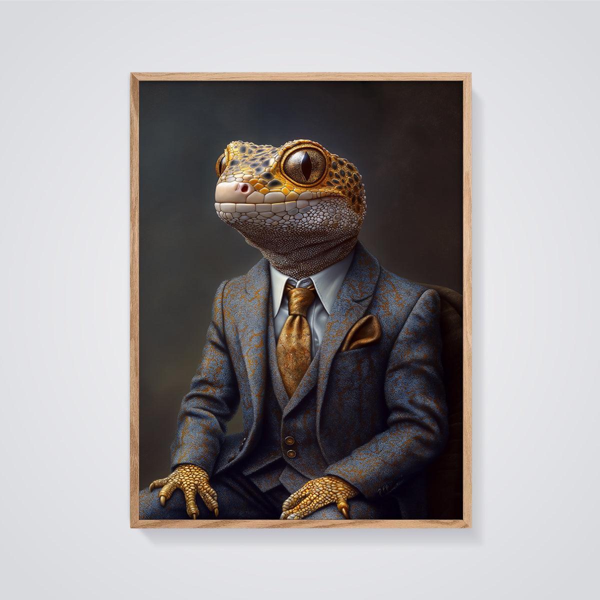 Gecko Gentleman Print framed in oak on a grey background