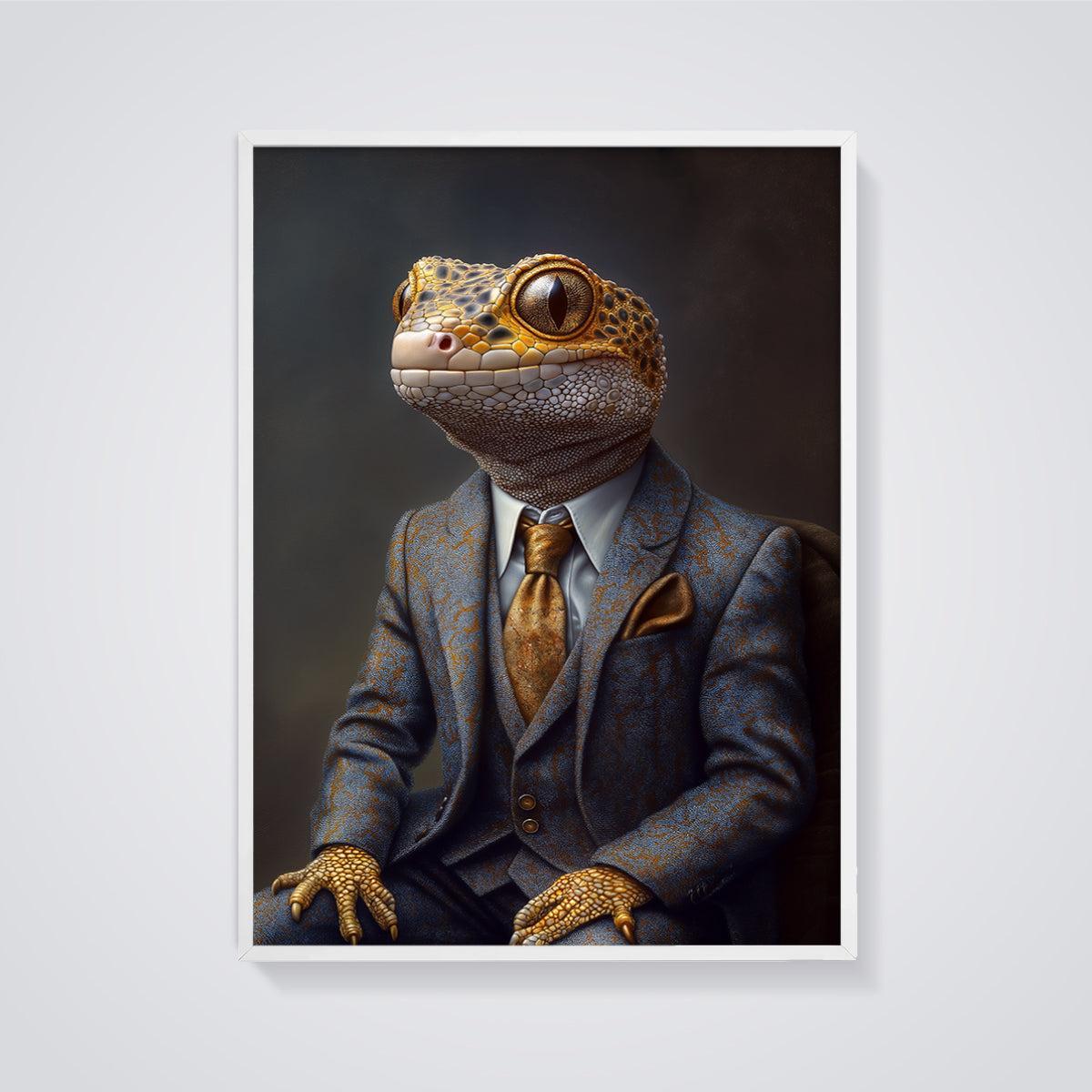 Gecko Gentleman Print framed in white on a grey background
