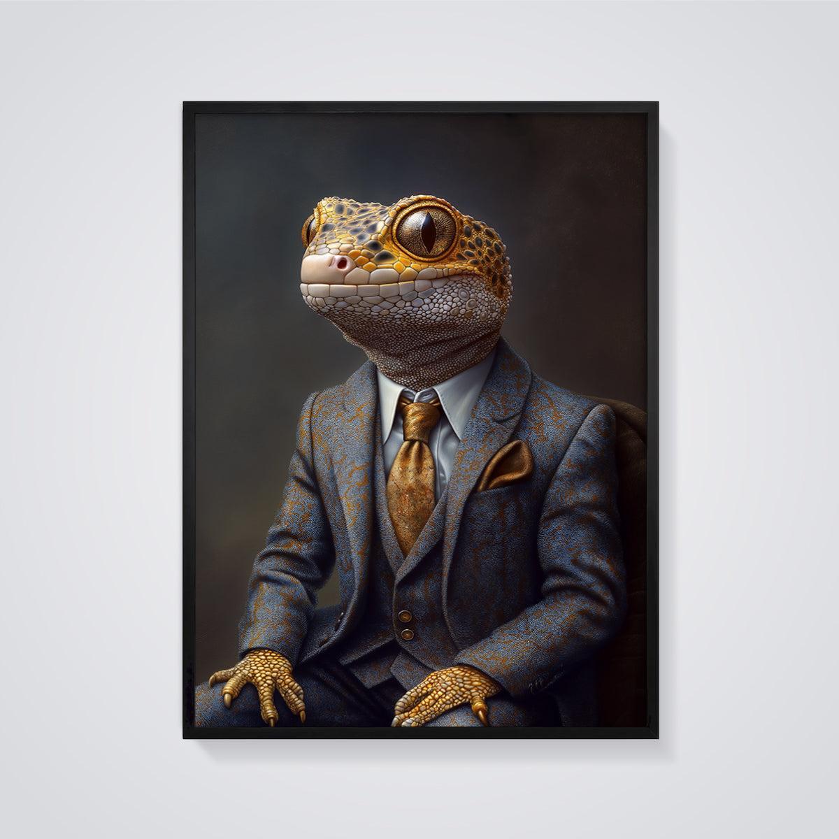 Gecko Gentleman Print framed in black on a grey background