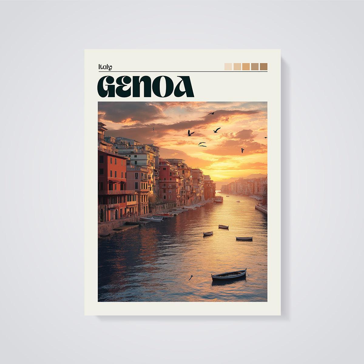Genoa Italy Sunset Waterfront Print unframed on a grey background