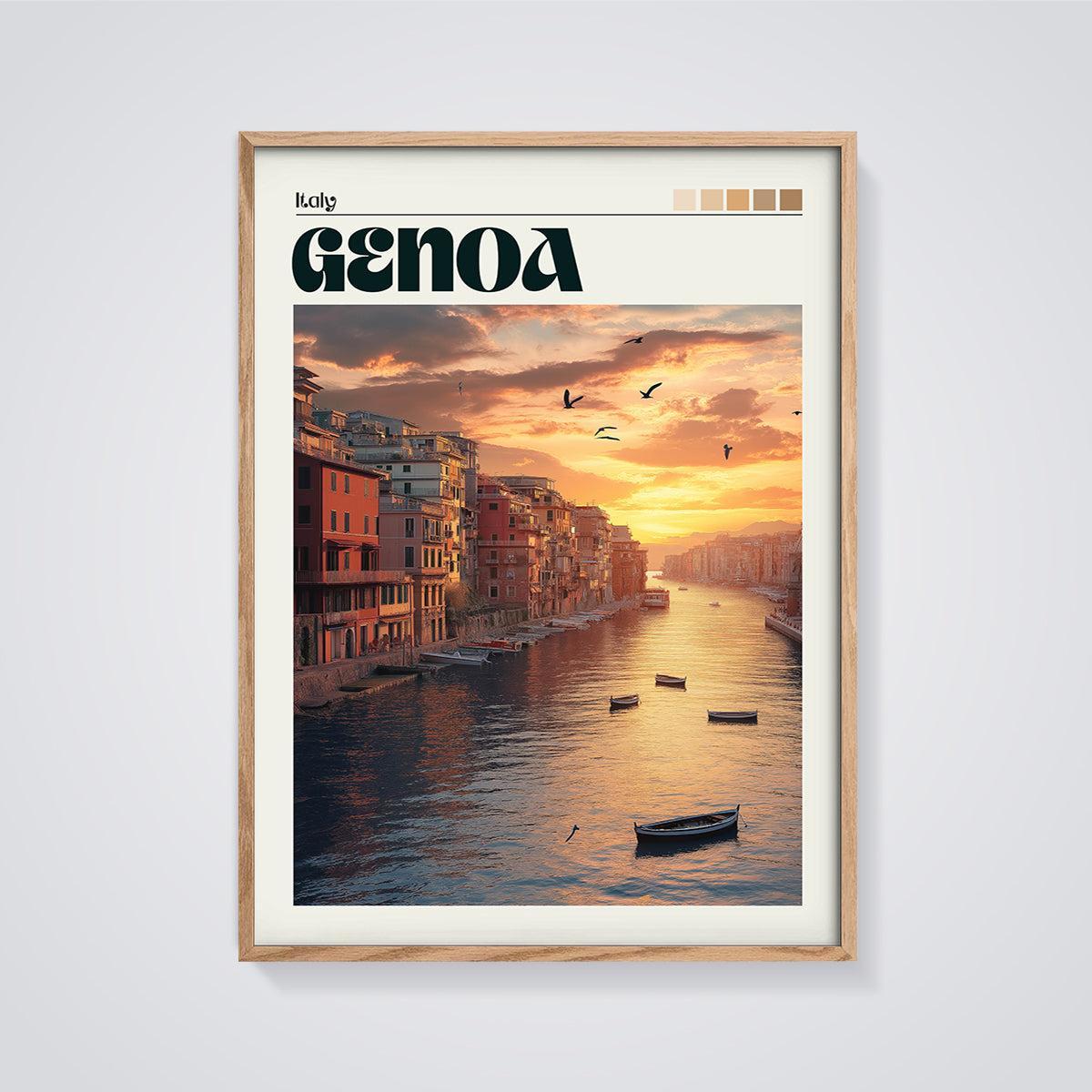 Genoa Italy Sunset Waterfront Print framed in oak on a grey background