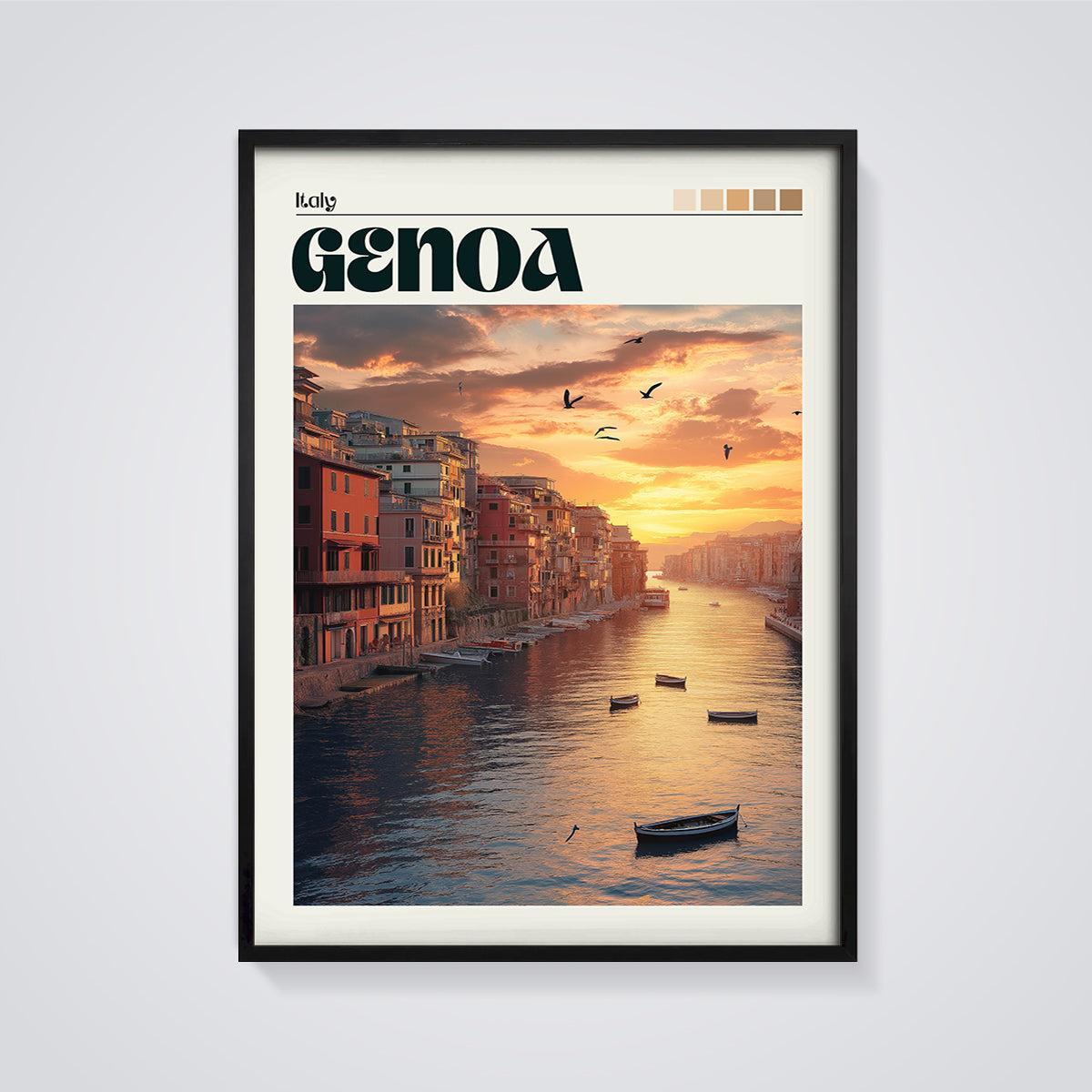 Genoa Italy Sunset Waterfront Print framed in black on a grey background