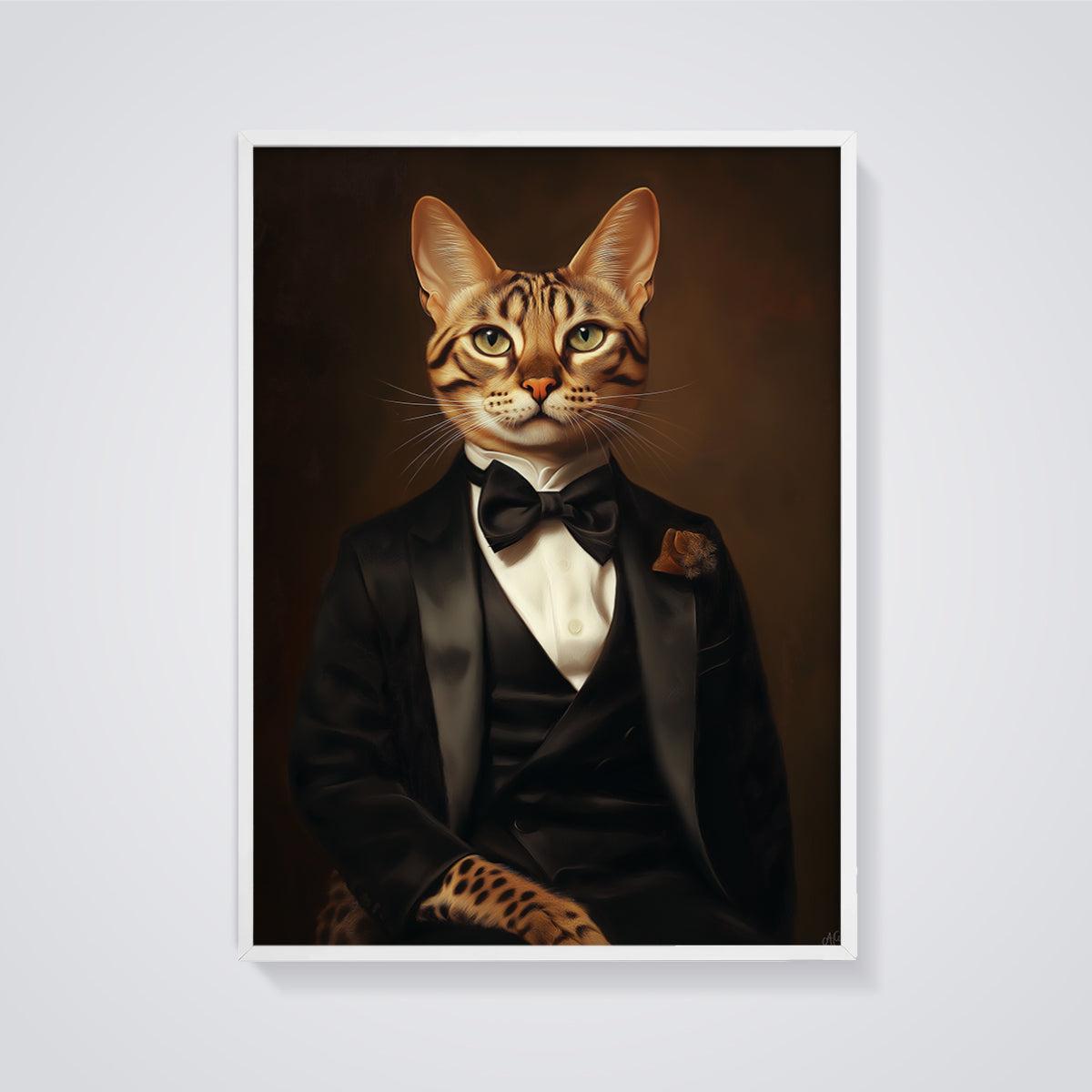 Gentleman Bengal Cat Print framed in white on a grey background