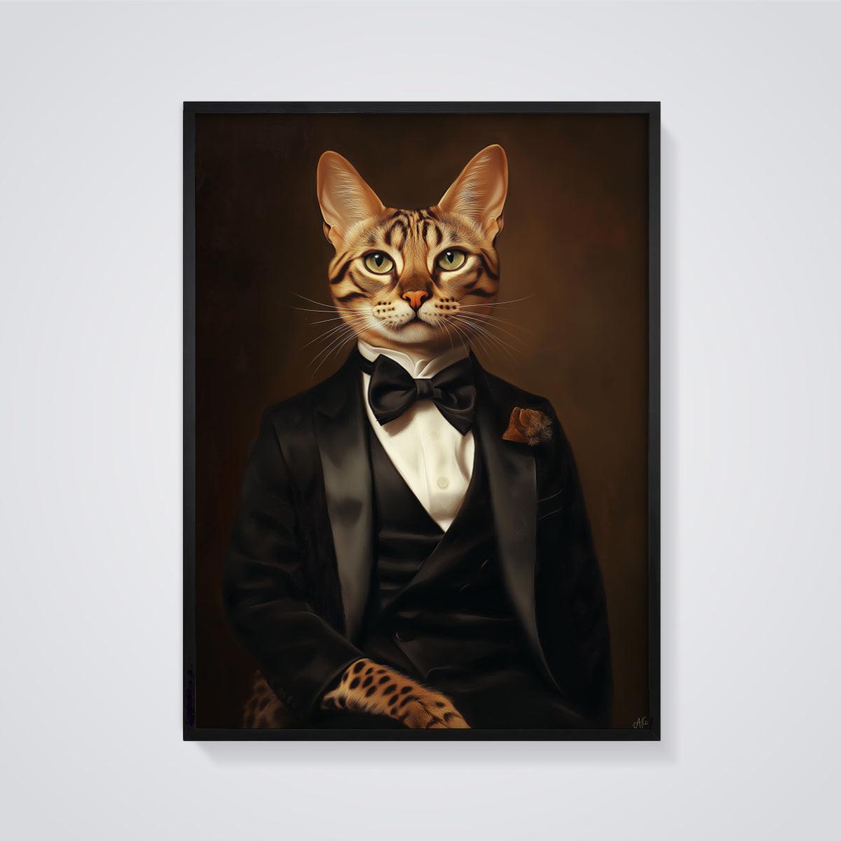 Gentleman Bengal Cat Print framed in black on a grey background