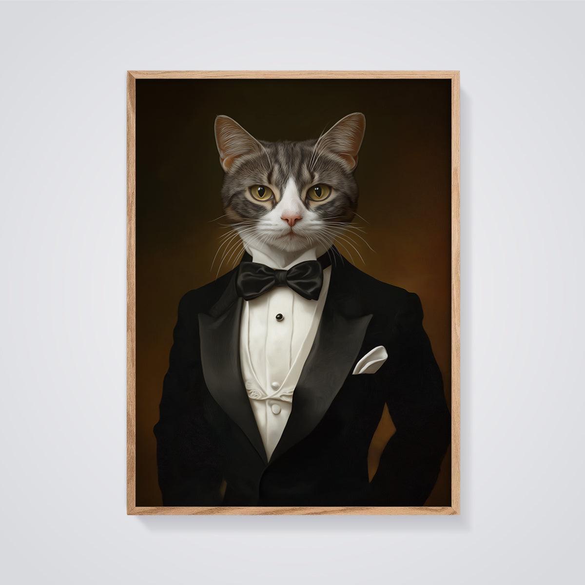 Gentleman Cat Portrait Print framed in oak on a grey background