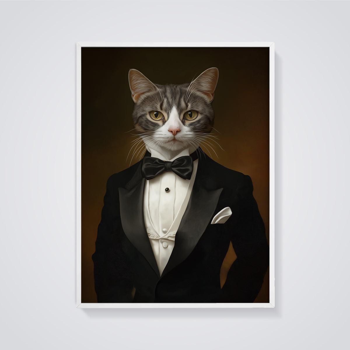 Gentleman Cat Portrait Print framed in white on a grey background