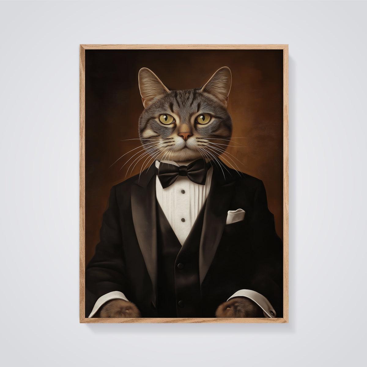 Gentleman Cat Portrait Print Aesthetic framed in oak on a grey background