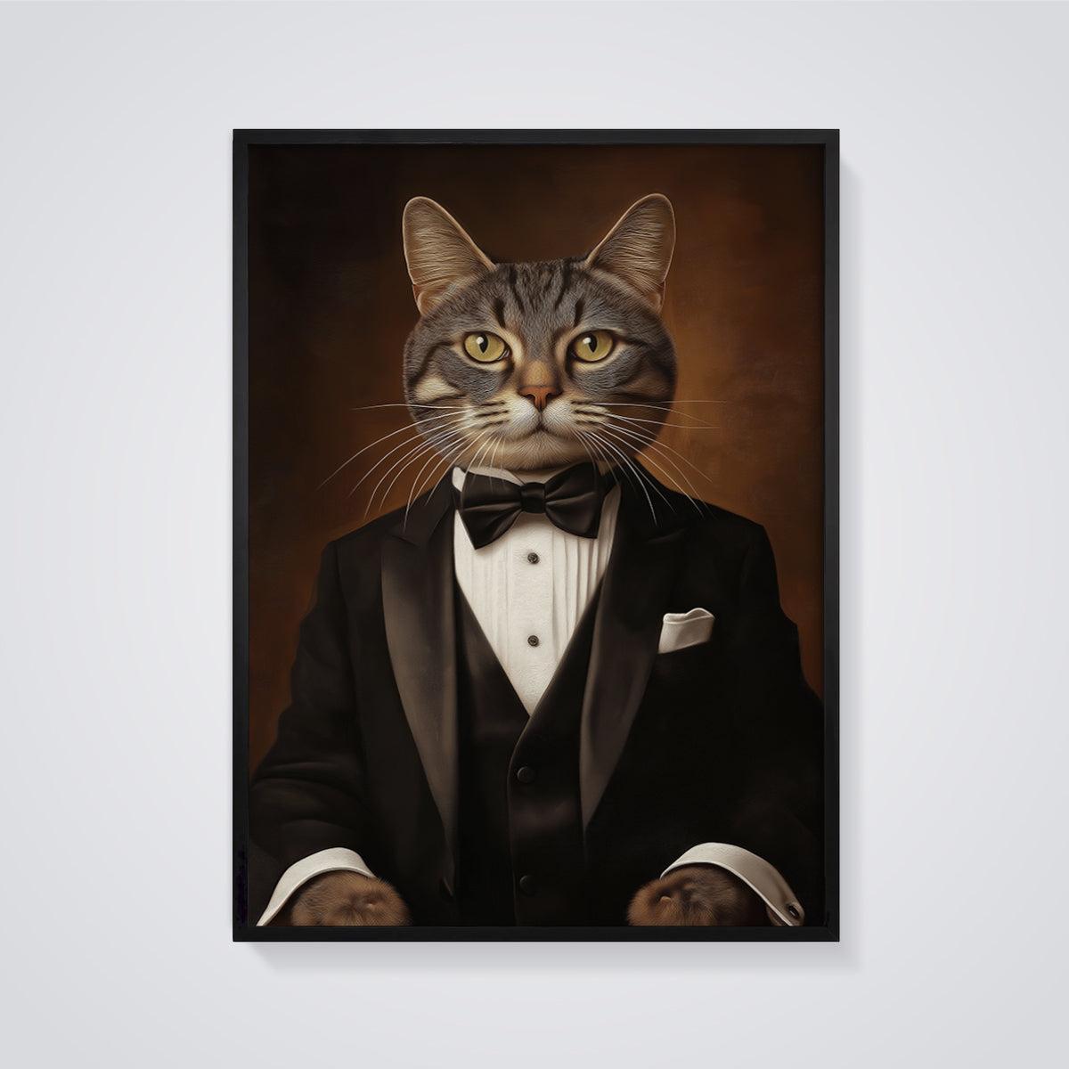 Gentleman Cat Portrait Print Aesthetic framed in black on a grey background