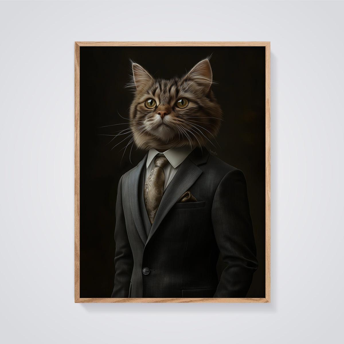 Gentleman Cat Portrait Print Art framed in oak on a grey background