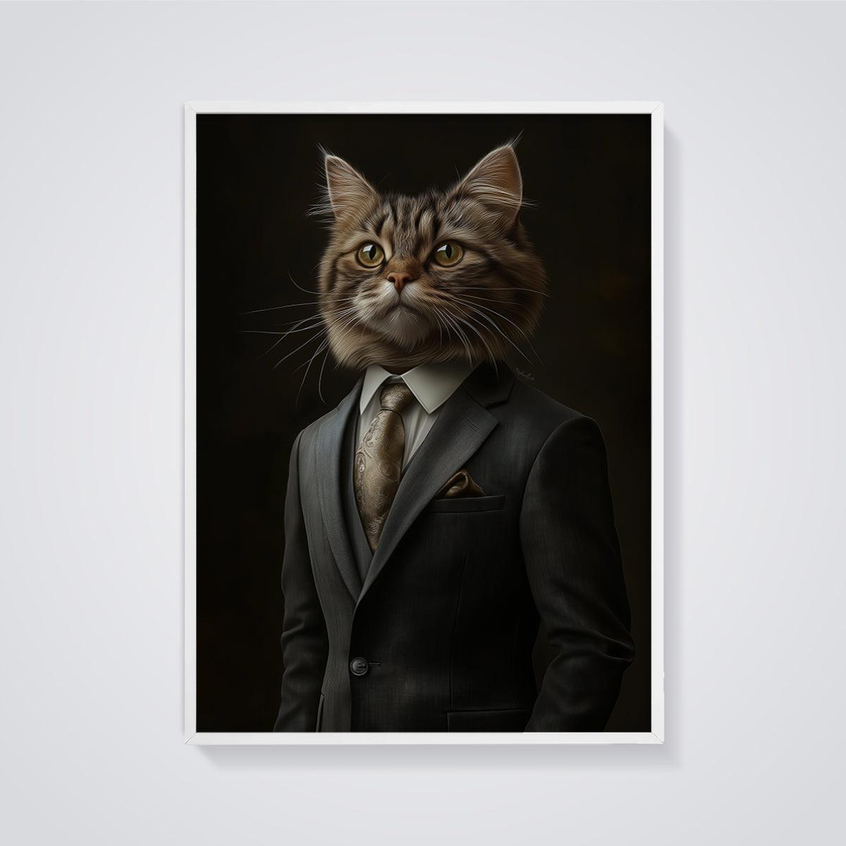 Gentleman Cat Portrait Print Art framed in white on a grey background