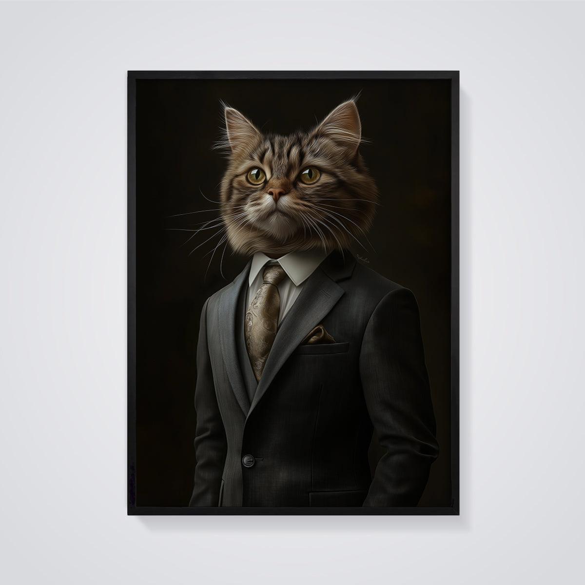 Gentleman Cat Portrait Print Art framed in black on a grey background